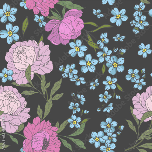 Botanical Background with peony flowers and leaves soft pastel tones. Floral Seamless background Illustration. Floral Seamless Pattern. Botanical pattern for wrapping paper, textile, fabric prints