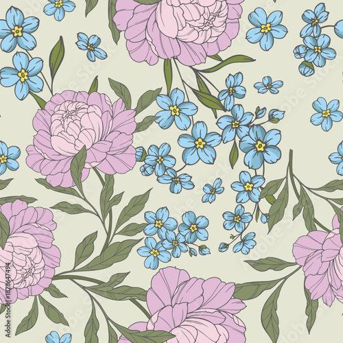 Botanical Background with peony flowers and leaves soft pastel tones. Floral Seamless background Illustration. Floral Seamless Pattern. Botanical pattern for wrapping paper, textile, fabric prints