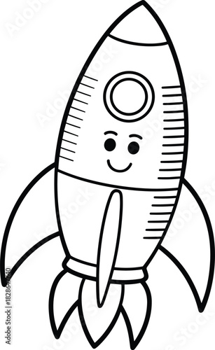 Cute cartoon rocket ship with happy face, black and white line art vector illustration, isolated on white background, space mascot design.