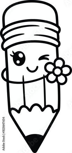 Cute pencil cartoon character winking with flower, black and white vector line art, coloring book page, school supplies mascot isolated.