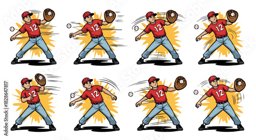 Baseball player throwing sequence action poses