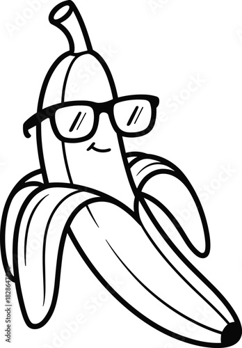 Cool banana cartoon character wearing sunglasses, black and white line art vector illustration, funny fruit mascot, isolated on white, summer design.