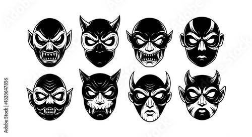 Collection of Eight Spooky Devil Faces with Horns and Fangs.
