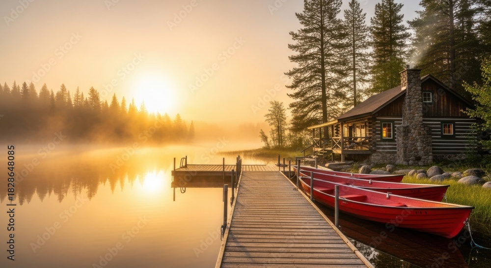 Obraz premium Tranquil Lake Cabin Dock Red Boats Golden Mist