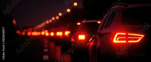 a long line of tail lights shining during night traffic jam