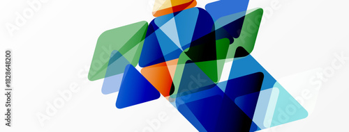 Abstract geometric shapes overlap, creating vibrant color blends. Triangles dominate composition, suggesting movement, depth. Modern design element.