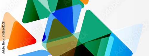 Abstract triangles overlap, creating vibrant color blends. Shapes vary size, opacity, forming dynamic composition. Modern design element.