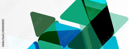 Abstract geometric shapes overlap, creating layered blue, green tones. Minimalist design suggests depth, movement, modern aesthetic.