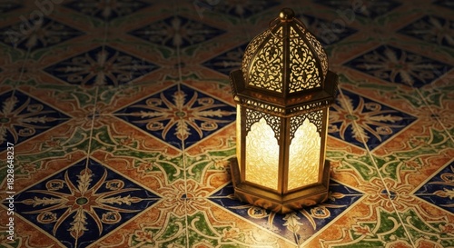 Ornate glowing lantern on intricate patterned tiles