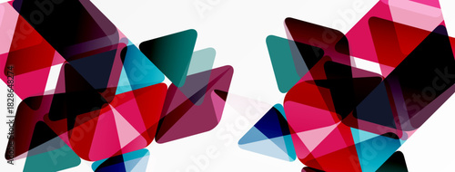 Abstract geometric shapes overlap, creating vibrant color patterns. Pink, red, blue, black dominate composition. Modern design element.