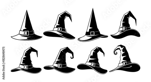 Collection of Eight Black Witch Hats in Various Styles.