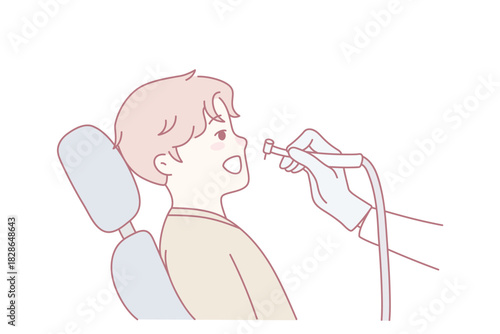 Dentist cure small kid teeth in clinic. Little boy child at dentistry appointment in hospital. Children healthcare. Vector illustration.