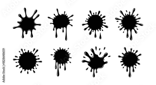 Collection of Black Ink Splatter and Drips Graphic Elements.