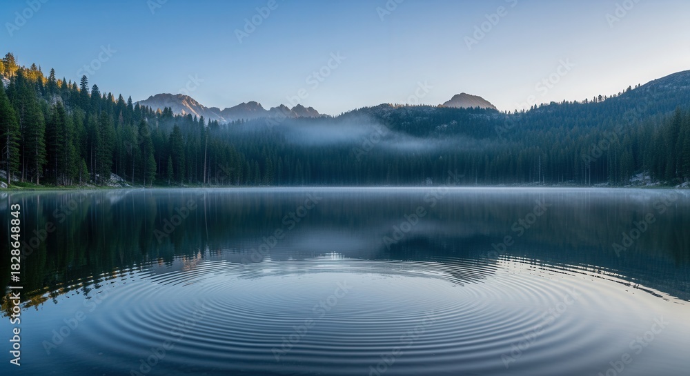 Fototapeta premium Tranquil mountain lake reflecting a misty sunrise over evergreen trees with ripples on the water's surface