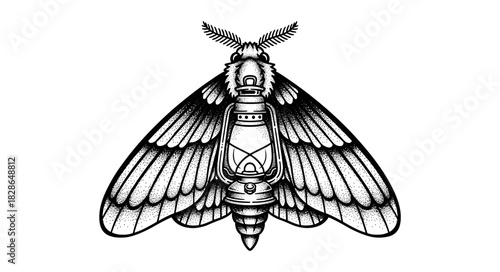 Intricate Moth Illustration with Lantern Body Symbolizing Light