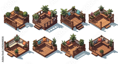Isometric cozy deck spaces with plants and cushions