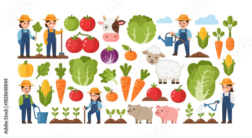 Cartoon Farmers and Farm Animals with Fresh Vegetables, Agriculture and Harvesting