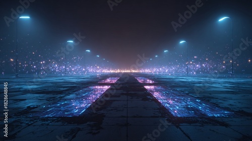 Fototapeta Naklejka Na Ścianę i Meble -  Futuristic road or pathway with glowing lights and a dark misty atmosphere.