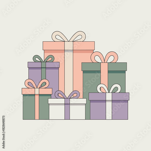 Geometric flat design vector wrapped gifts in modern pastel colors and minimal accents – Great for sophisticated holiday websites, digital invitations, or blog graphics.