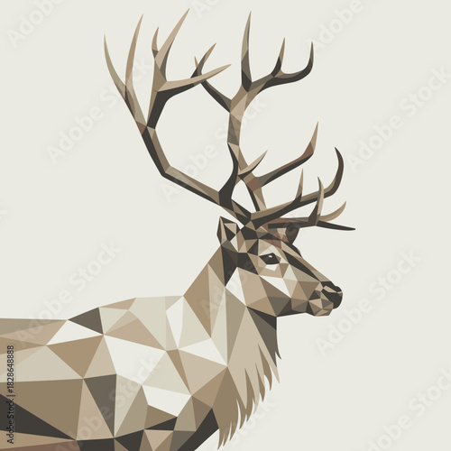 Low poly vector reindeer silhouette with geometric facets in neutral colors – Perfect for contemporary holiday packaging, digital stickers, or design backgrounds.