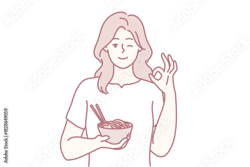 woman enjoying bowl while signaling okay with hand, cozy food moment featuring nutritious meal and satisfied expression, food blogger or home chef vibe with wholesome atmosphere