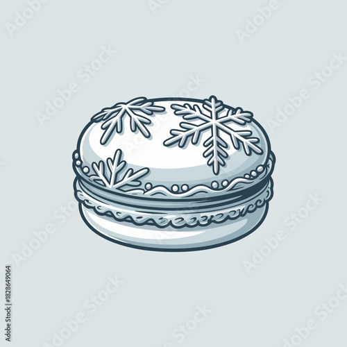 Clean vector illustration of a Christmas macaron with intricate snowflake icing – Ideal for festive digital artwork, holiday social media graphics, or elegant dessert menus.