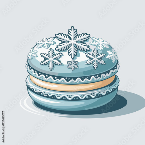 Vector illustration of a pale blue macaron with detailed snowflake decoration – Suitable for luxury food presentation, winter holiday cards, or fine confectionery labels.