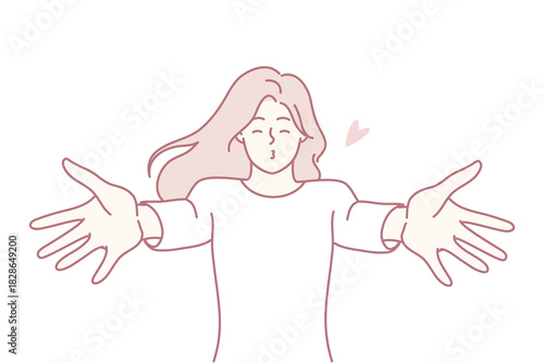 kindhearted woman offering comforting embrace, compassionate lady extending open arms for support, warmhearted female demonstrating acceptance through embracing and compassionate gestures