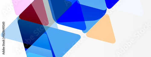 Abstract geometric shapes overlap, creating dynamic composition. Blue dominates, with accents of pink, red, beige. Minimalist design.