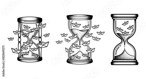 Three hourglasses with paper boats symbolizing time and journey.