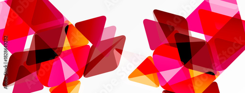 Abstract geometric shapes overlap, creating vibrant red, pink hues. Minimalist design with dynamic composition. Modern aesthetic.