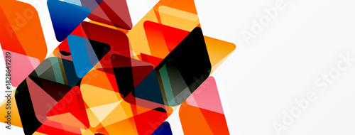 Abstract geometric shapes overlap, creating vibrant color blocks. Orange, red, pink hues dominate against white background. Modern design.