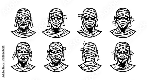 Collection of Mummy Head Illustrations in Various Poses and Angl