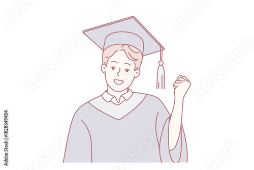 Portrait of smiling male student in mantle and hat make yes hand gesture for successful university graduation. Happy guy graduate in robe. Education. Vector illustration.