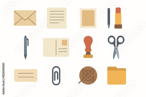 Pen icon postal scissors vector stationery twine clip address icons stamp glue