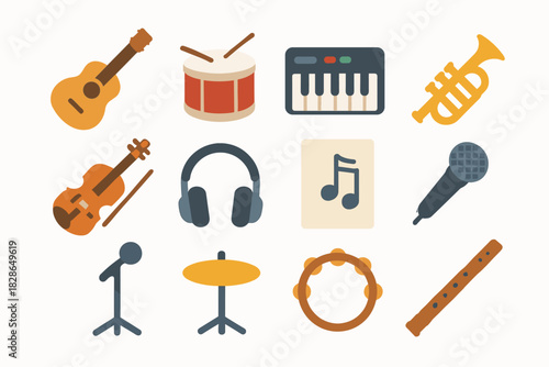 Icons instrument trumpet violin headphones vector icon tambourine keyboard music microphone drum