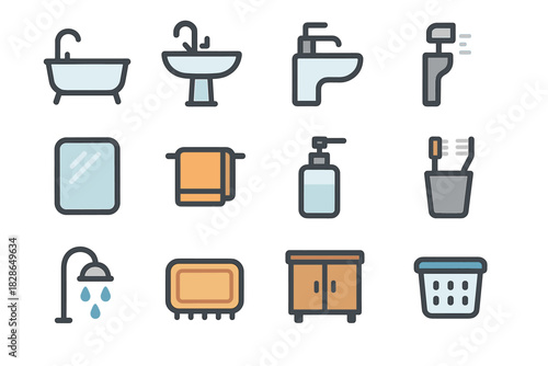Sink shampoo faucet set vector toothbrush mirror towel basket bathroom soap icon