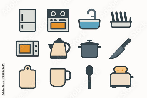 Set spoon microwave fridge rack kitchen knife stove cutting vector board icon