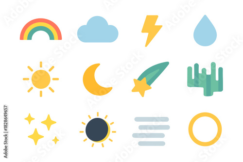 Sun icons sky aurora rainbow moon ring icon cloud lightning raindrop vector