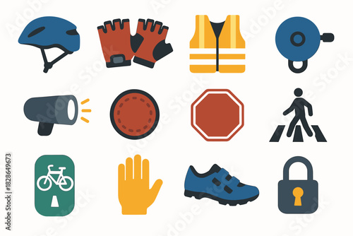 Stop vector safety icons sign reflector bike cycling hand gloves bell icon