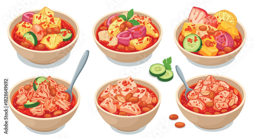 Colorful bowls of beans with fresh toppings