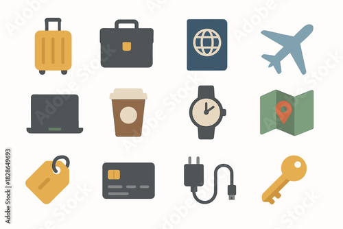 Icon charger icons passport travel watch vector laptop briefcase suitcase business tag