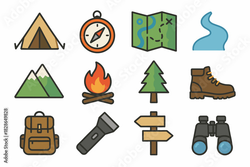 Binoculars boot mountain minimal tree icon tent adventure map icons campfire vector