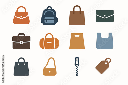 Shopping vector zipper handbag backpack bag collection shoulder duffel plastic icon