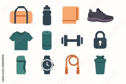 Vector rope gym water icon sneakers deodorant shaker duffel lock mat icons