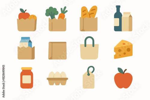 Cheese jar tag set eggs icon tote grocery reusable bread vector apple