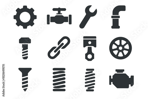 Chain cogwheel valve wheel icon gear bolt industrial vector spring screw wrench