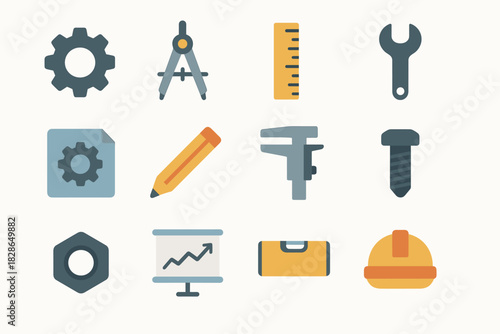 Helmet set engineering wrench cogwheel level icon bolt vector nut ruler pencil