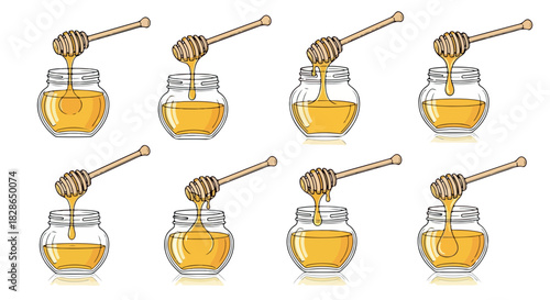 Honey jars with dipper, sweet food, golden color