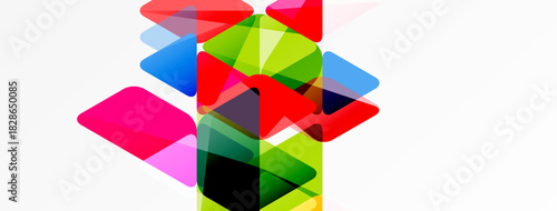 Abstract colorful shapes overlap, creating dynamic composition. Bright hues blend, forming modern visual experience.